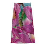 Pink Orchid Flower Print Cotton Front Slit Maxi Skirt