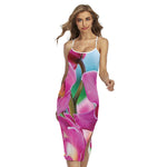 Pink Orchid Flower Print Cross Back Cami Dress