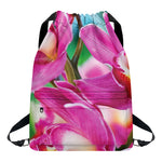 Pink Orchid Flower Print Drawstring Backpack