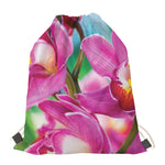 Pink Orchid Flower Print Drawstring Bag
