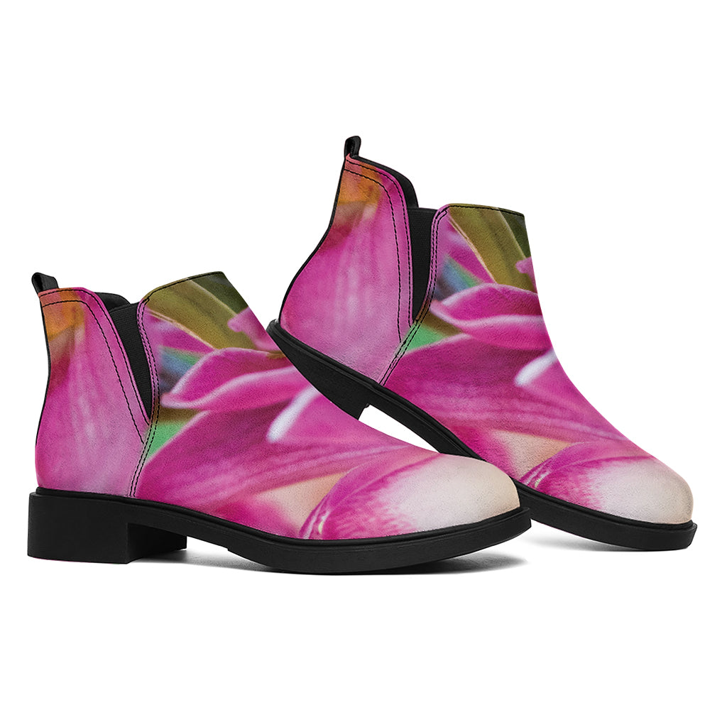 Pink Orchid Flower Print Flat Ankle Boots