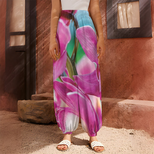 Pink Orchid Flower Print Harem Pants
