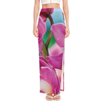 Pink Orchid Flower Print High Slit Maxi Skirt