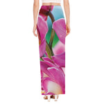 Pink Orchid Flower Print High Slit Maxi Skirt