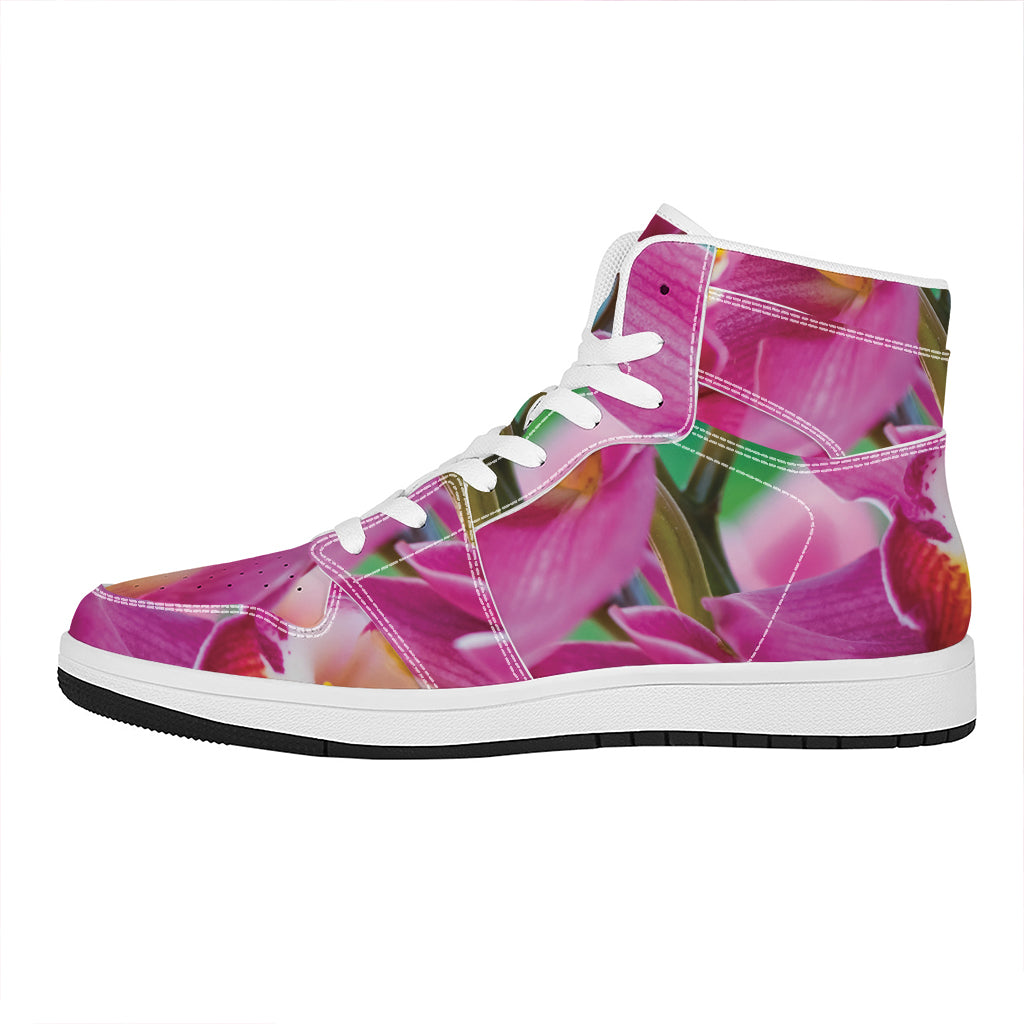 Pink Orchid Flower Print High Top Leather Sneakers