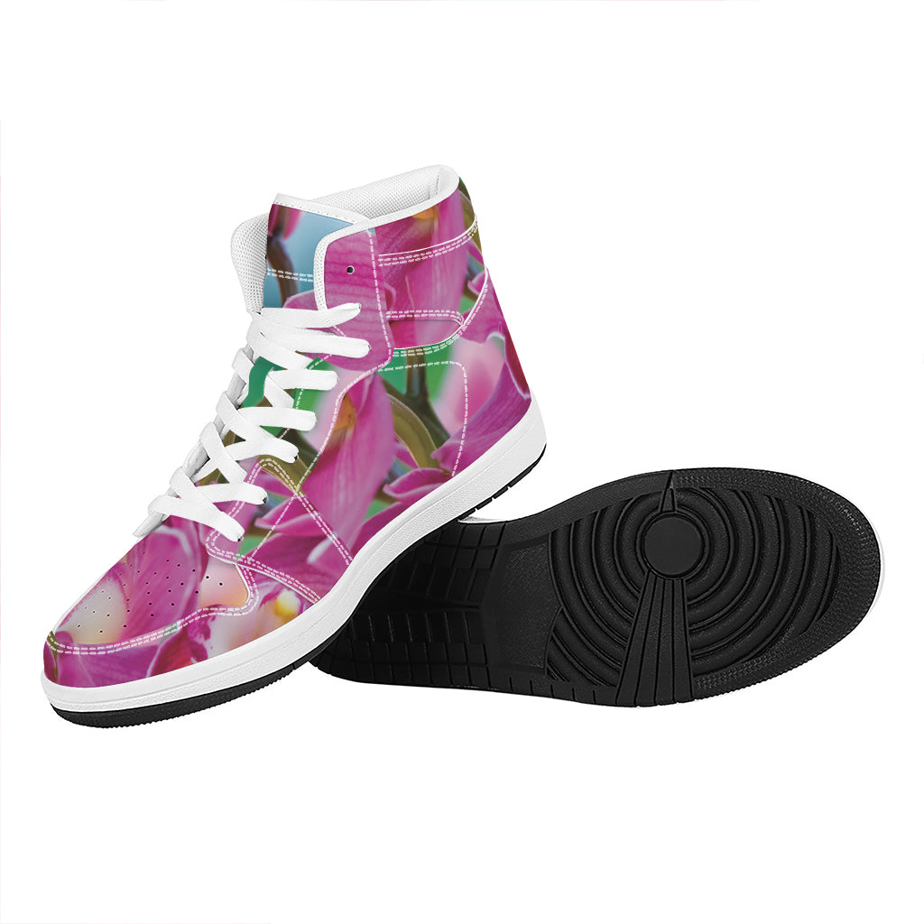 Pink Orchid Flower Print High Top Leather Sneakers
