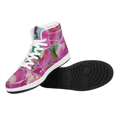 Pink Orchid Flower Print High Top Leather Sneakers