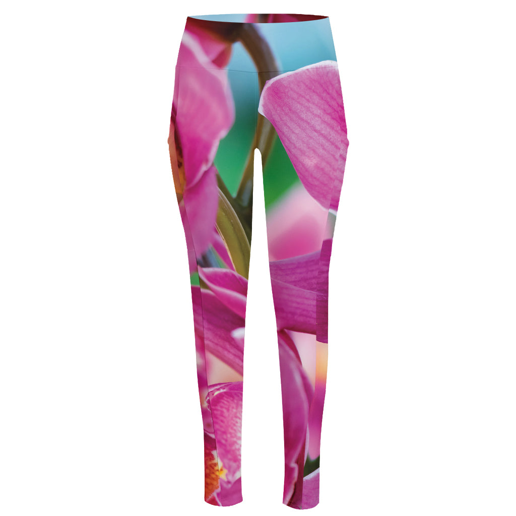 Pink Orchid Flower Print High-Waisted Pocket Leggings
