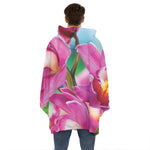 Pink Orchid Flower Print Hoodie Blanket