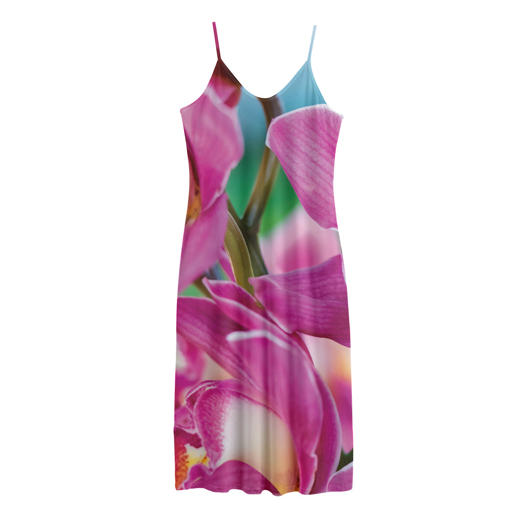 Pink Orchid Flower Print Jersey Midi Cami Dress