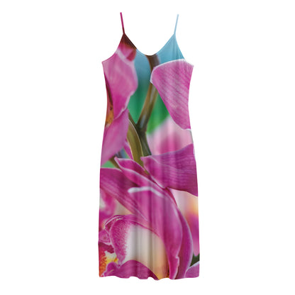 Pink Orchid Flower Print Jersey Midi Cami Dress