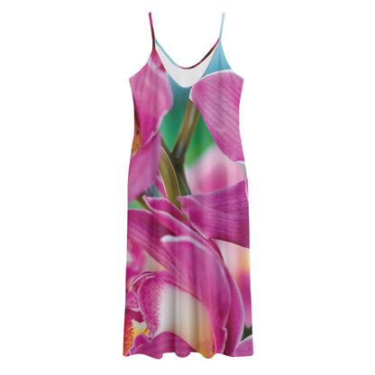Pink Orchid Flower Print Jersey Midi Cami Dress