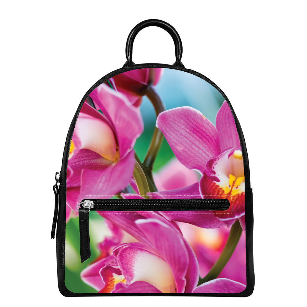 Pink Orchid Flower Print Leather Backpack