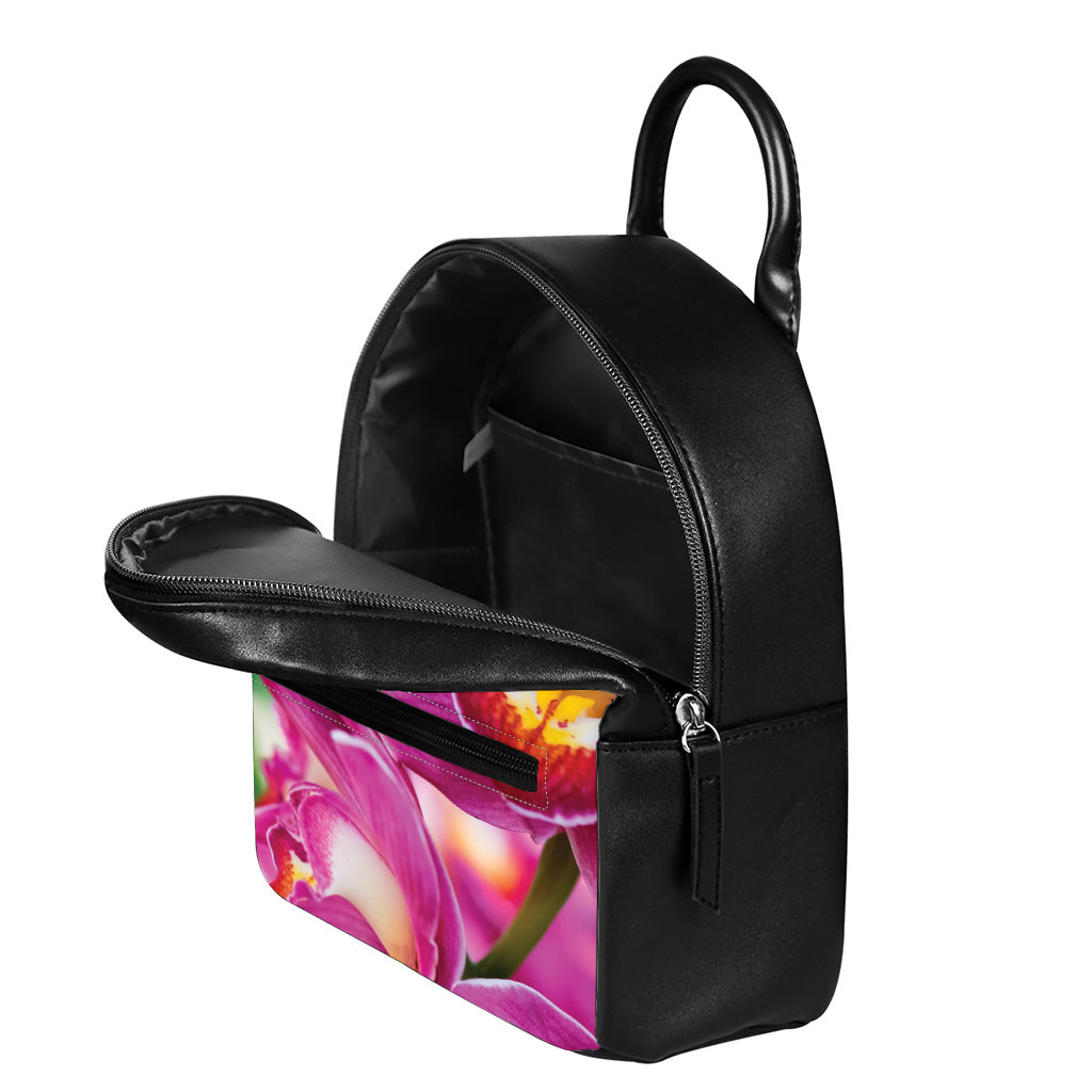 Pink Orchid Flower Print Leather Backpack