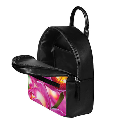 Pink Orchid Flower Print Leather Backpack