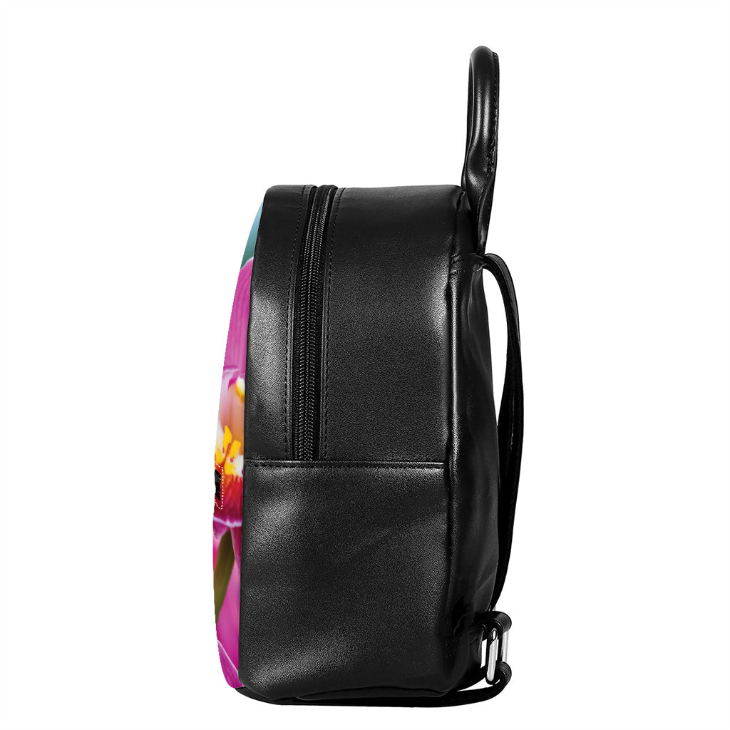 Pink Orchid Flower Print Leather Backpack