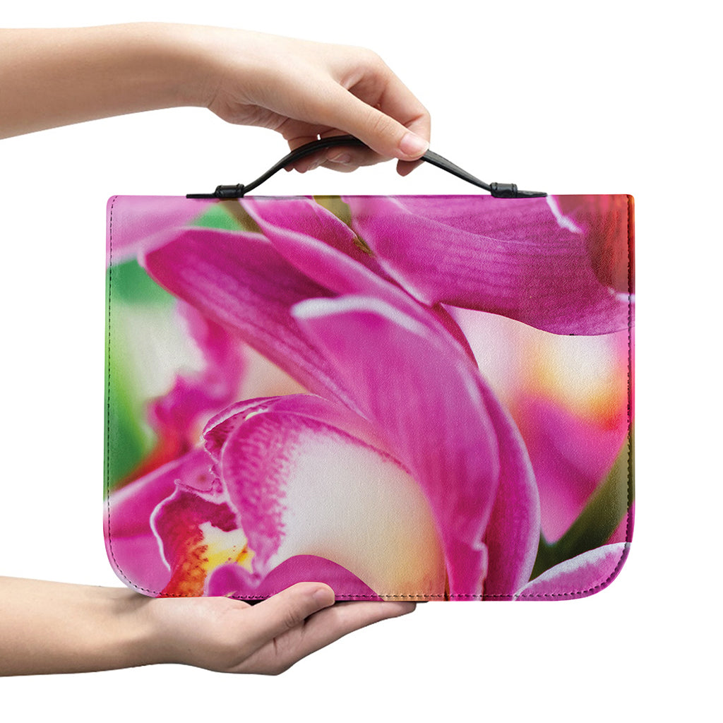 Pink Orchid Flower Print Leather Bible Cover