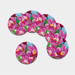 Pink Orchid Flower Print Leather Coaster Set