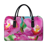 Pink Orchid Flower Print Leather Duffle Bag