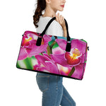 Pink Orchid Flower Print Leather Duffle Bag