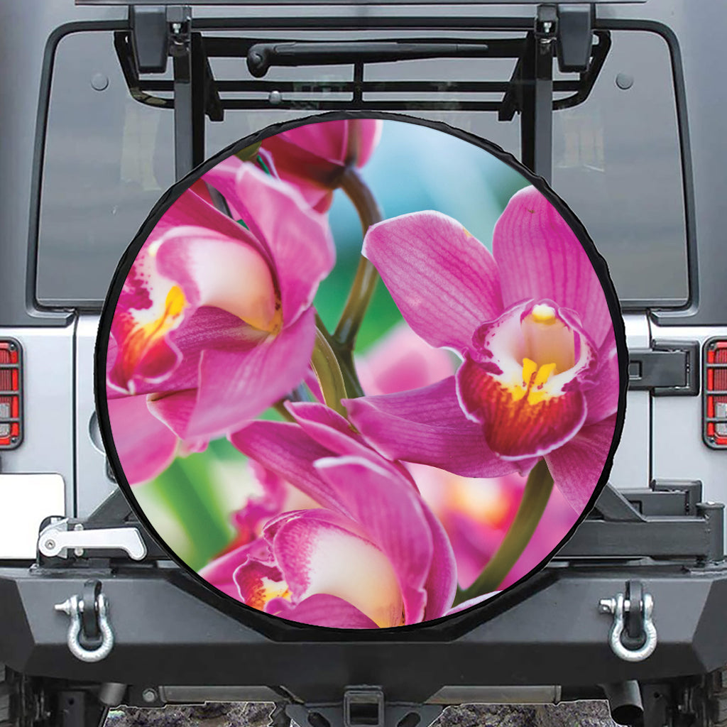 Pink Orchid Flower Print Leather Spare Tire Cover
