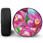 Pink Orchid Flower Print Leather Spare Tire Cover