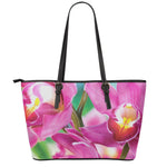 Pink Orchid Flower Print Leather Tote Bag