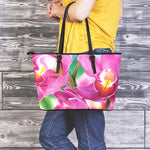 Pink Orchid Flower Print Leather Tote Bag