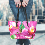 Pink Orchid Flower Print Leather Tote Bag