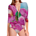 Pink Orchid Flower Print Long Sleeve Swimsuit
