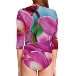 Pink Orchid Flower Print Long Sleeve Swimsuit