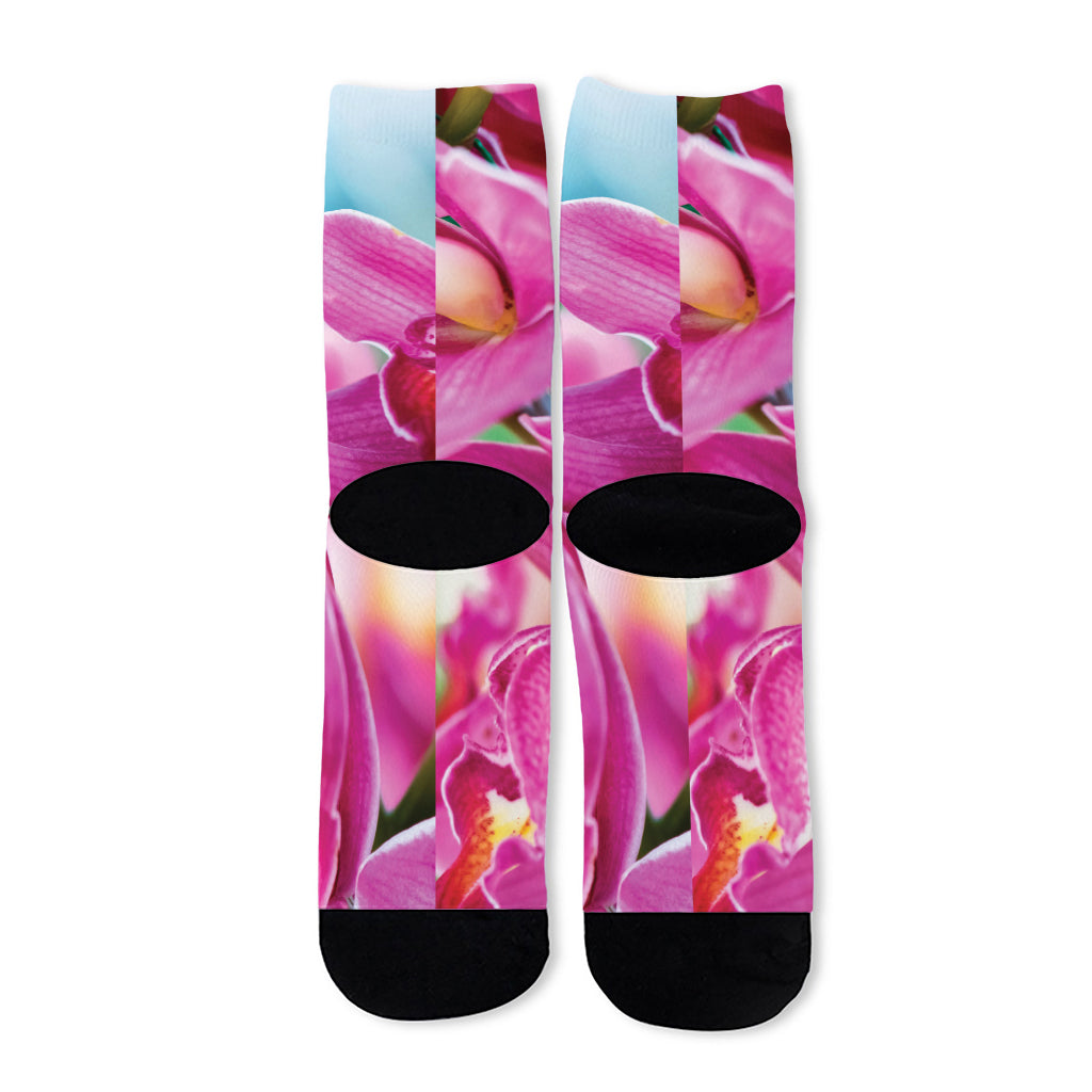 Pink Orchid Flower Print Long Socks