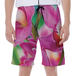 Pink Orchid Flower Print Men's Beach Shorts