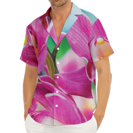 Pink Orchid Flower Print Men's Deep V-Neck Shirt