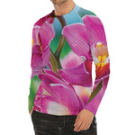 Pink Orchid Flower Print Men's Long Sleeve Rash Guard