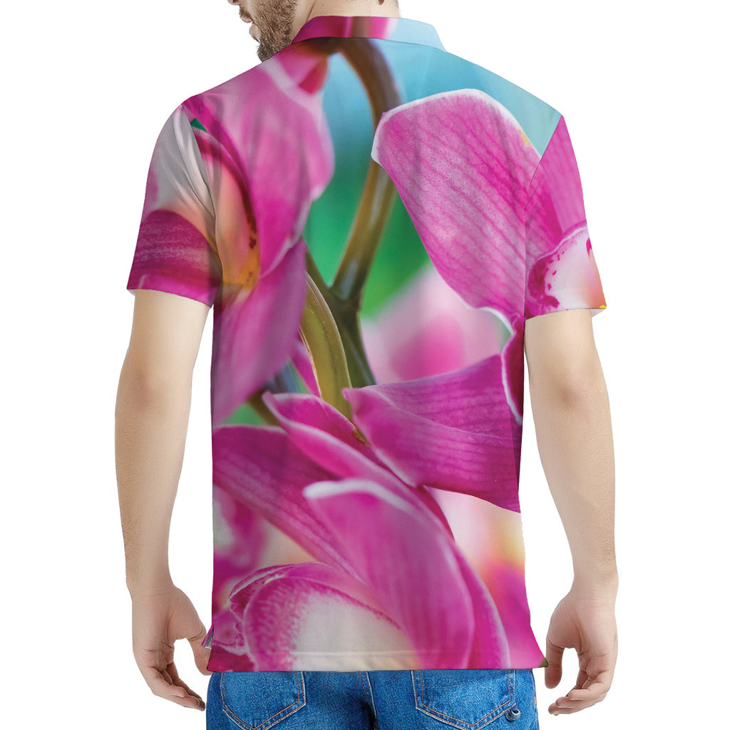 Pink Orchid Flower Print Men's Polo Shirt