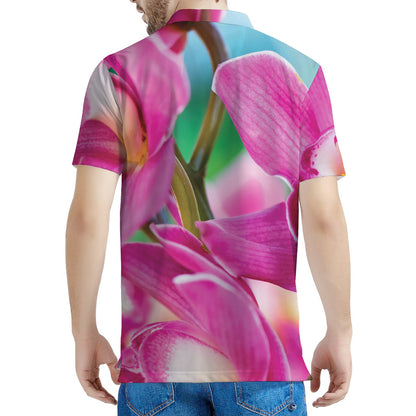 Pink Orchid Flower Print Men's Polo Shirt