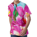 Pink Orchid Flower Print Men's Velvet T-Shirt