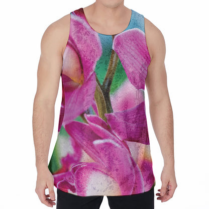 Pink Orchid Flower Print Men's Velvet Tank Top