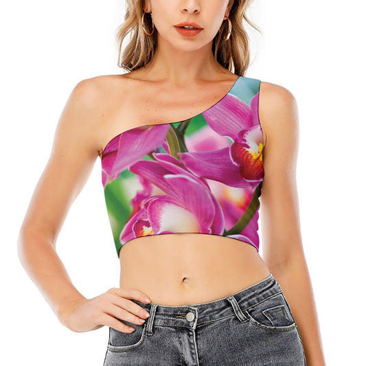 Pink Orchid Flower Print One Shoulder Crop Top
