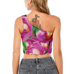 Pink Orchid Flower Print One Shoulder Crop Top