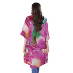 Pink Orchid Flower Print Open Front Beach Cover Up
