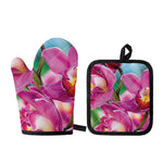 Pink Orchid Flower Print Oven Mitt And Pot Holder Set