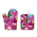 Pink Orchid Flower Print Oven Mitt And Pot Holder Set