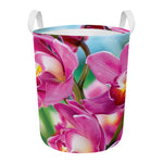 Pink Orchid Flower Print Round Laundry Basket