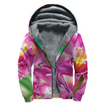 Pink Orchid Flower Print Sherpa Lined Zip Up Hoodie