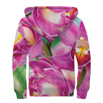 Pink Orchid Flower Print Sherpa Lined Zip Up Hoodie