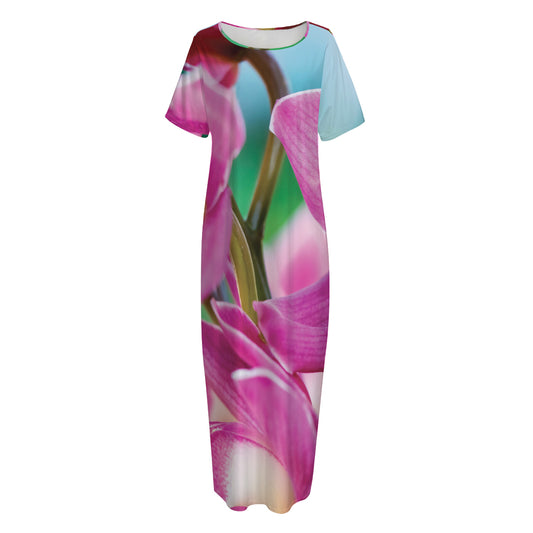 Pink Orchid Flower Print Short Sleeve Long Nightdress