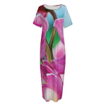 Pink Orchid Flower Print Short Sleeve Long Nightdress