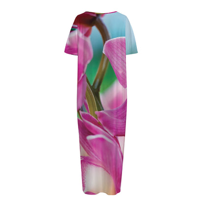 Pink Orchid Flower Print Short Sleeve Long Nightdress